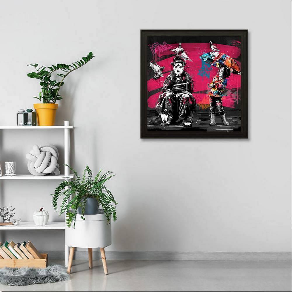 Tableau Romaric Charlie Chaplin et Les Pigeons 91x91cm – Image 2